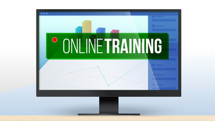 Banner for online training. Computer monitor with graphs and charts on screen. Concept for online courses or education. Vector 3D illustration.