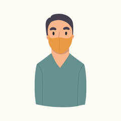 Yong man in face mask to prevent virus. Black hair and blue blouse.Vector hand drawn illustration.