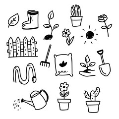 Set of garden and flower related doodle illustration such as shovel, watering can and more  © Muhamad