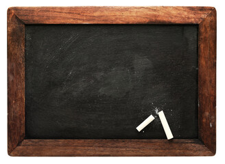 Old vintage chalkboard with worn wooden frame with broken chalk. Blank empty blackboard with space...