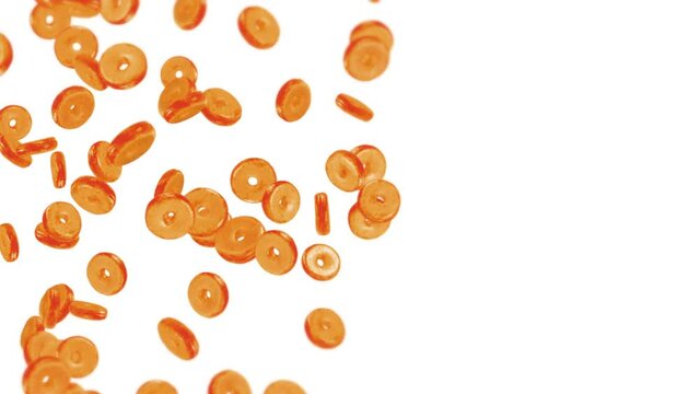 Flying many plain donuts on white background. Doughnut cake, Sweets, Dessert. 3D animation of donut rotating. Loop animation.