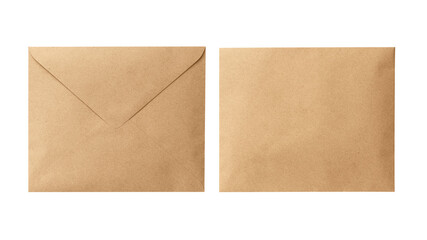 Brown envelope front and back isolated on white background. Letter top view. Object with clipping path - obrazy, fototapety, plakaty