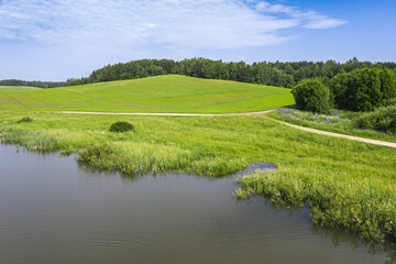 Naklejka premium aerial view of countryside. green field with forest and river on a sunny day. summer landscape.