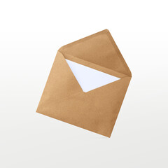 Brown envelope with card inside isolated on white background. Letter top view. Object with clipping path