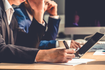 Unhappy business people dispute work problem at office . Business bankrupt failure and loss concept .