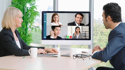 Video call group business people meeting on virtual workplace or remote office. Telework conference...