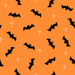 Seamless pattern with halloween bat on orange background. For wrapping paper, invitations, web design. Vector illustration in flat style.