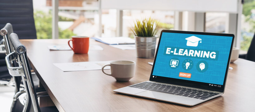 E-learning and Online Education for Student and University Concept. Video conference call technology to carry out digital training course for student to do remote learning from anywhere.