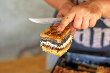 Midsection of woman holding slice of cake