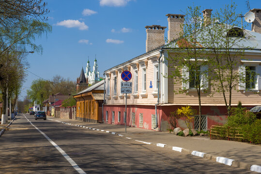 POLOTSK, BELARUS - APRIL 27, 2019: On the old streets of Polotsk on a sunny April day