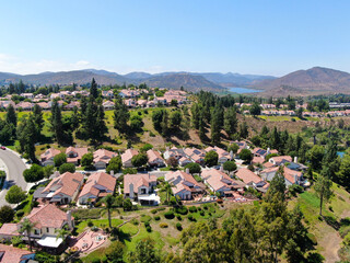 Fototapeta na wymiar Aerial view of residential neighborhood in green valley, Rancho Bernardo, San Diego County, California. USA. 