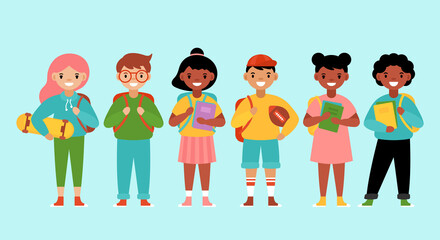 Back to school concept with cute diversity students. Flat style cartoon vector illustration