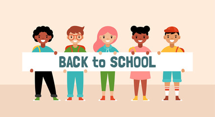 Back to school concept with cute diversity students holding banner. Flat style cartoon vector illustration