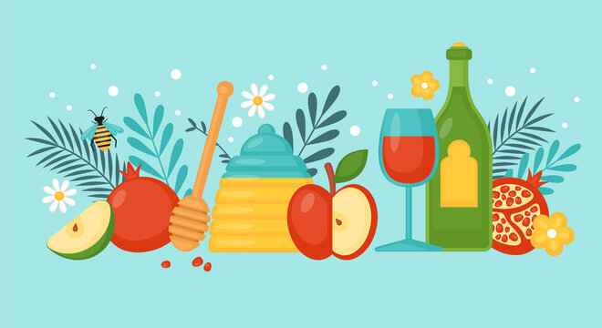 Jewish holiday rosh hashanah concept with honey, apple, pomegranate and wine. Vector illustration.