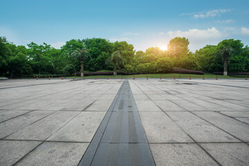 Square floor tiles and park woods