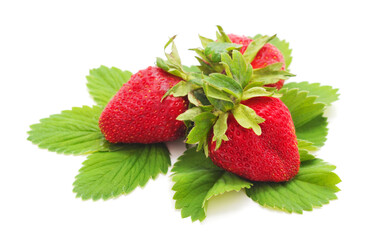 Ripe strawberry with leaves.