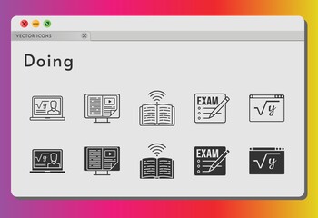 doing icon set. included exam, professor, ebook, maths, book, book (1) icons on white background. linear, filled styles.