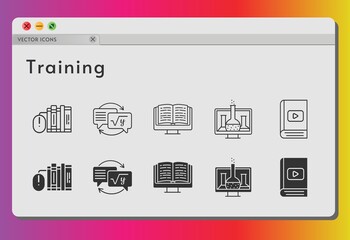 training icon set. included chemistry, books, ebook, homework icons on white background. linear, filled styles.