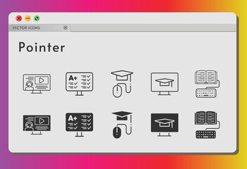 pointer icon set. included instructor, homework (1), homework, elearning, student-desktop, test (2) icons on white background. linear, filled styles.