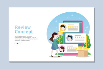 Review concept landing page with woman bring a star, mobile phone