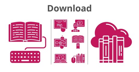 download set. included cloud, professor, teacher, ebook, books, homework, touchscreen, test (1) icons. filled styles.