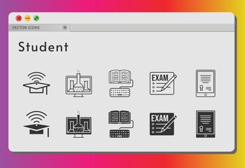 student icon set. included chemistry, exam, tablet, cap, homework (1), homework icons on white background. linear, filled styles.