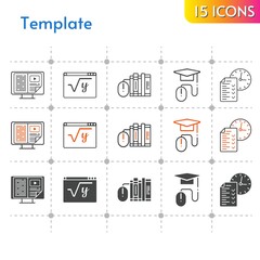 template icon set. included ebook, books, test, maths, elearning icons on white background. linear, bicolor, filled styles.