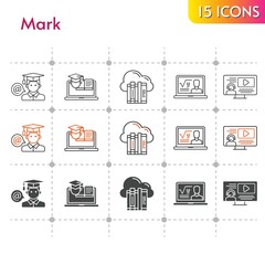 mark icon set. included cloud, professor, instructor, student, student (1), training icons on white background. linear, bicolor, filled styles.