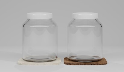 3d render glass jar isolated on white background. mock up product design. food and drink equipment.
