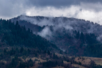 The tops of high mountains are hidden by clouds. Fog. Autumn landscape. Panoramic view.