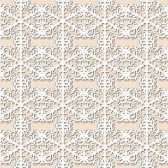 White snowflakes on pale pink, beige background, damask ornament seamless pattern. Paper cut style - 367251797