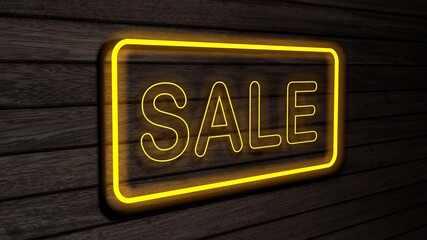 Sale yellow color neon fluorescent tubes signs on wooden wall. 3D rendering, illustration, poster, banner. Inscription, concept on gray wooden wall background.
