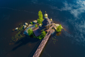 Above the Church of the Apostle Andrew the First-Called (aerial photography). Vuoksa River....