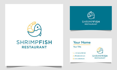Fish with Shrimp linear style logo design vector