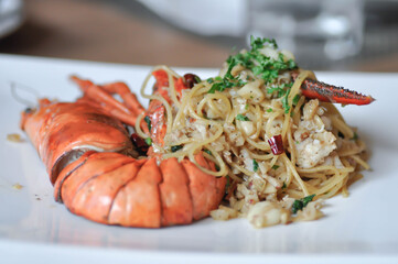 spaghetti, lobster spaghetti or shrimp spaghetti or prawn spaghetti