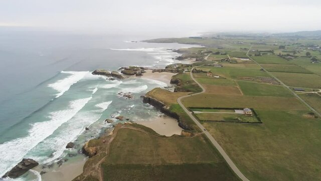 Beautiful beach of Playa de las Catedrales in Galicia,Spain Aerial Drone Video