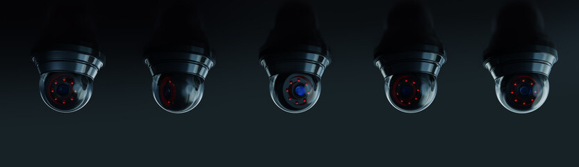 High contrast image of surveillance cameras in a row against a dark background (3D rendering, illustration) - obrazy, fototapety, plakaty