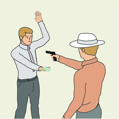 Crime scene - a robbery occurs using weapons, one person robs another, taking money from him. It symbolizes a criminal report, security in society.	