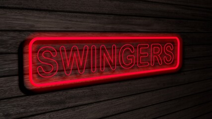 Swingers red color neon fluorescent tubes signs on wooden wall. 3D rendering, illustration, poster, banner. Inscription, concept on gray wooden wall background.
