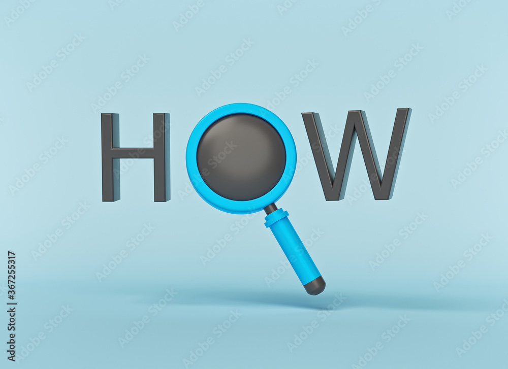 Poster how 3d word text with magnifying glass. minimal concept. 3d rendering