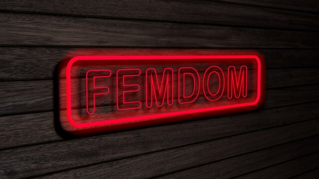 Femdom red color neon fluorescent tubes signs on wooden wall. 3D rendering, illustration, poster, banner. Inscription, concept on gray wooden wall background.