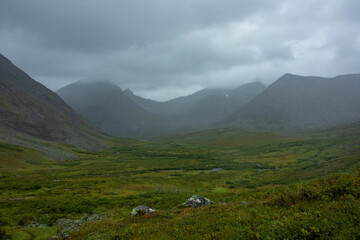 Fototapeta premium Amazing mountain landscape with colorful sky. Travel and hiking concept. Mountain landscape Subpolar Urals.