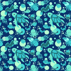 Ocean creature pattern with bubble and dot background seamless vector illustration