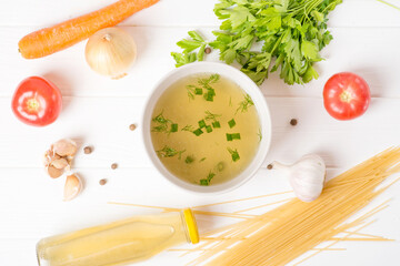 vegetable broth, vegan menu, broth and ingredients for vegetarian soup