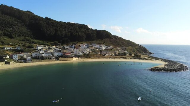 Beautiful  coastal village of  Galicia,Spain in a sunny day. Aerial Drone Video