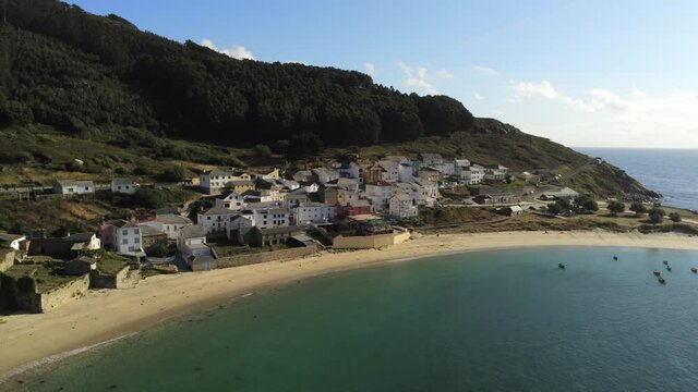 Beautiful  coastal village of  Galicia,Spain in a sunny day. Aerial Drone Video