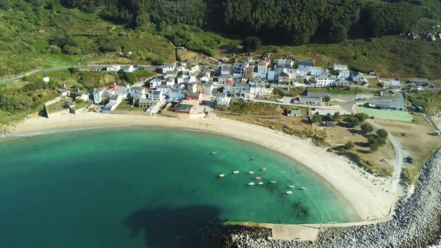 Beautiful  coastal village of  Galicia,Spain in a sunny day. Aerial Drone Video