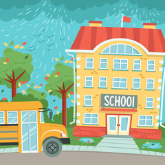 Fototapeta premium Vector colorful illustration with bus and school. Background on the theme of education and back to school. Flat cartoon art