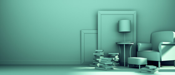 A green room with an armchair, frames, a lamp and books. 3d render