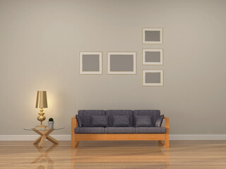 Picture frames set on the wall with sofa and lamp on side table, Concept image for luxury living room in a cozy atmosphere, 3D illustrator. 